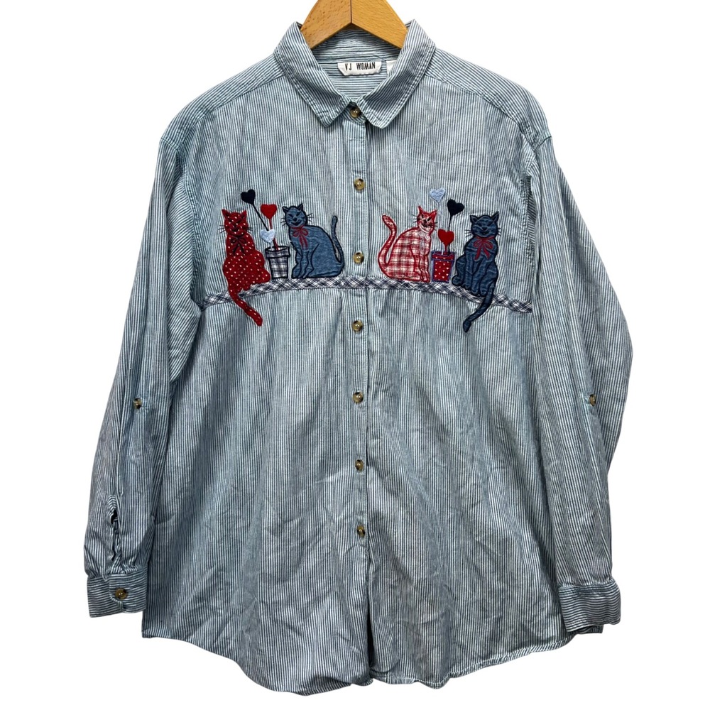 VJ Woman Button Down Shirt Sz 20 VTG 90s Striped Embroidered Cat Roll Tab Sleeve